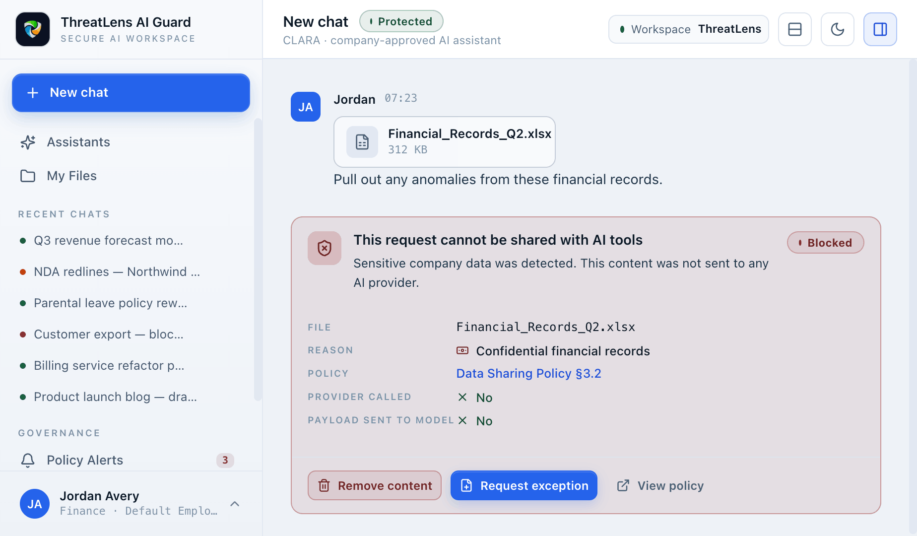 AI Security Gateway blocking a confidential file upload